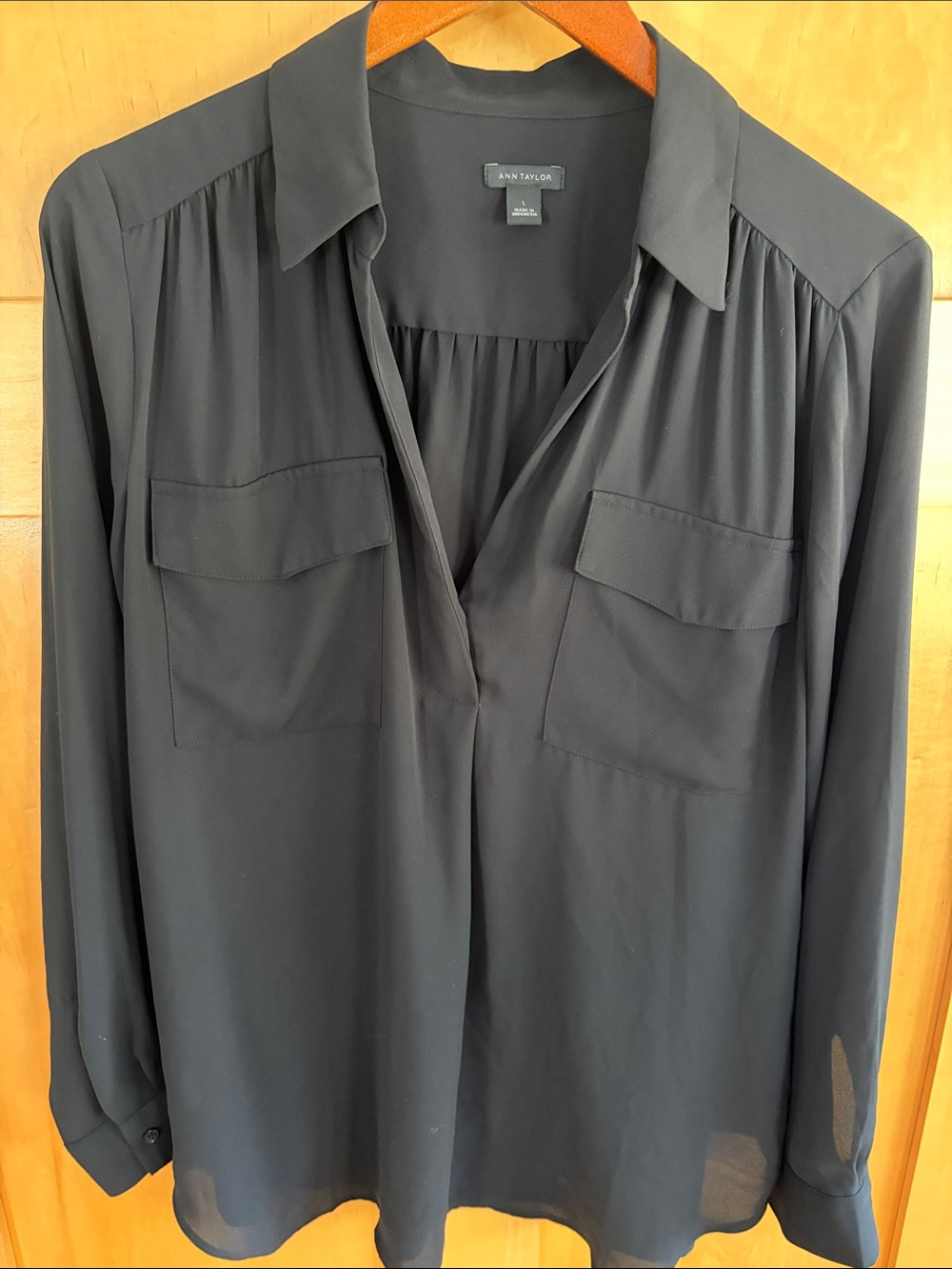 Ann Taylor Black Semi-Sheer Button-Front Blouse with Pockets